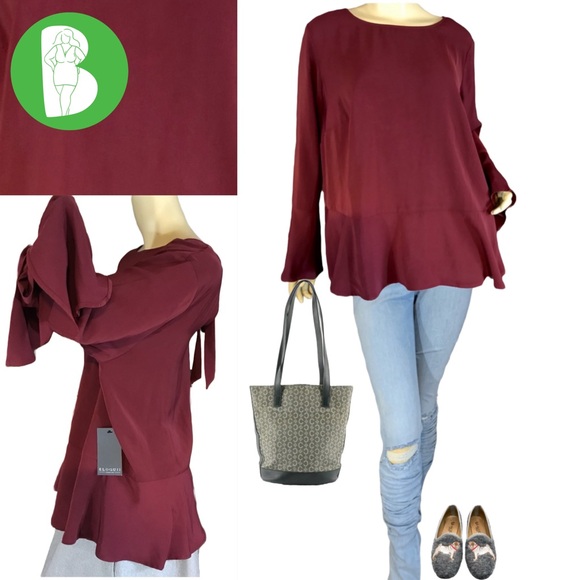ELOQUII MAROON PEPLUM BLOUSE WITH BELL SLEEVES AND RIBBON NWT (16) - Picture 1 of 11